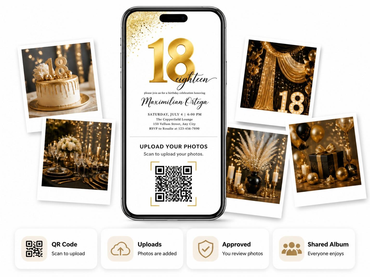 The shared photo gallery that comes with the Metallic Gold 18th Birthday Invitation invitation