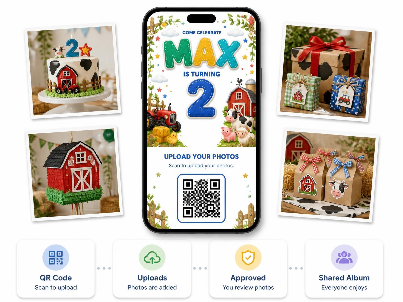 The shared photo gallery that comes with the Stitched Farm 2nd Birthday Invitation invitation