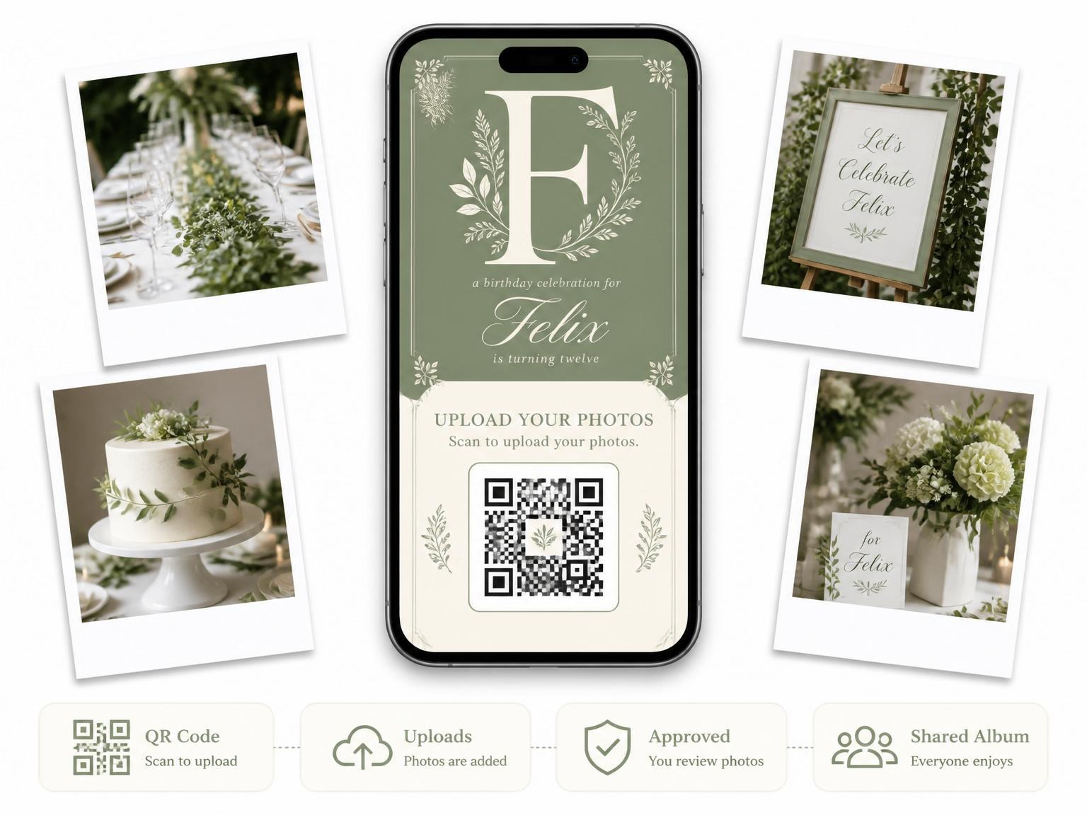 The shared photo gallery that comes with the Sage Green Botanical Initial 12th Birthday invitation
