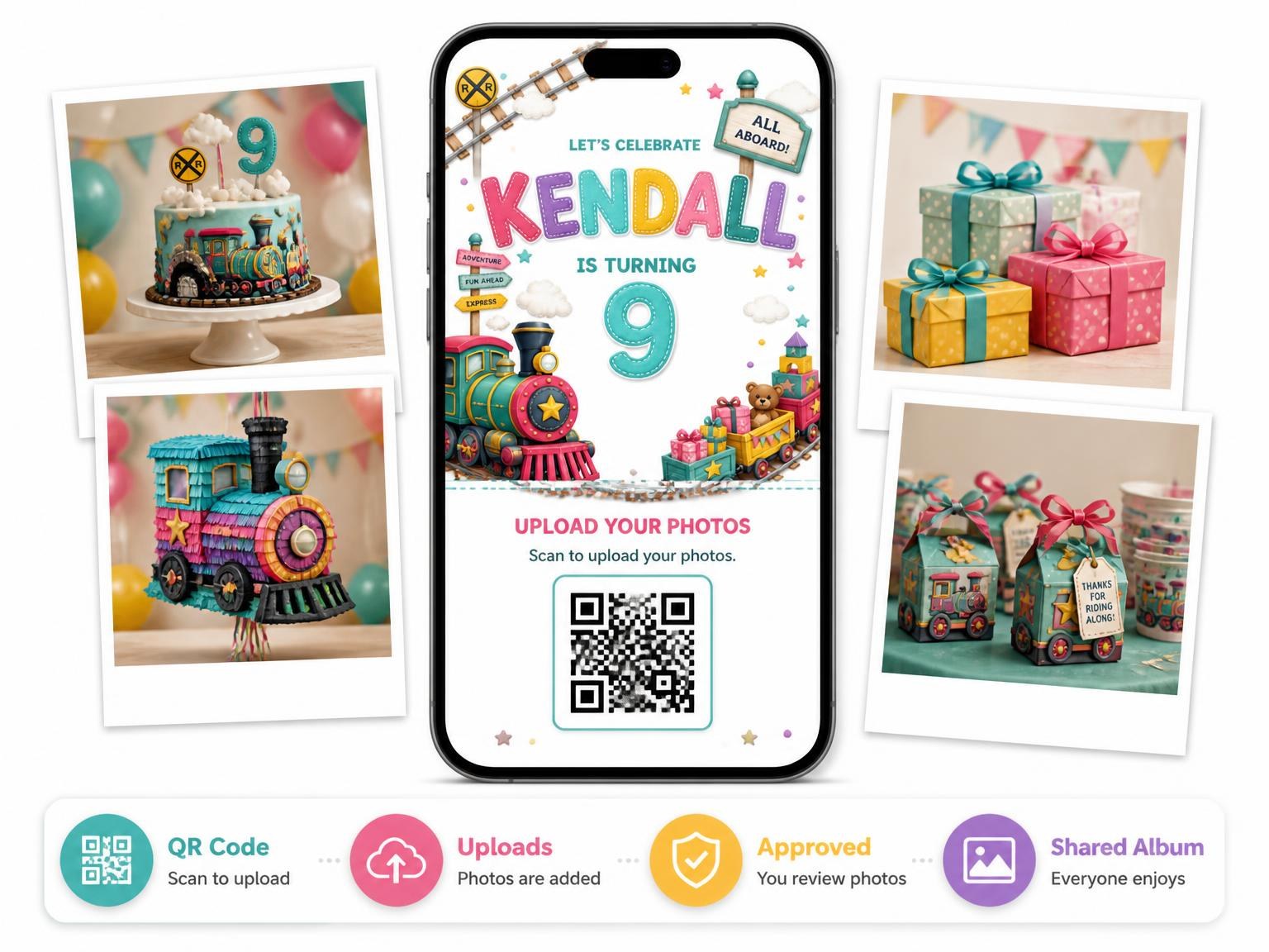 The shared photo gallery that comes with the Stitched Train 9th Birthday Invitation invitation
