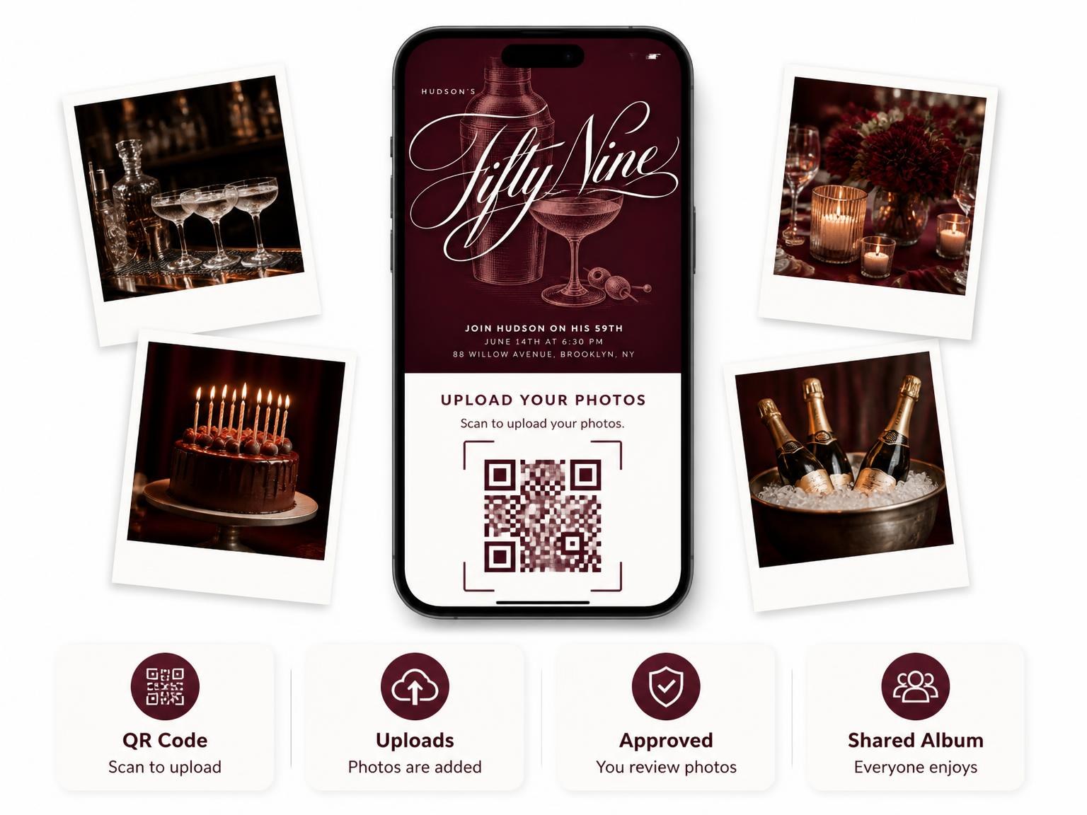 The shared photo gallery that comes with the Burgundy Cocktail 59th Birthday Invitation invitation
