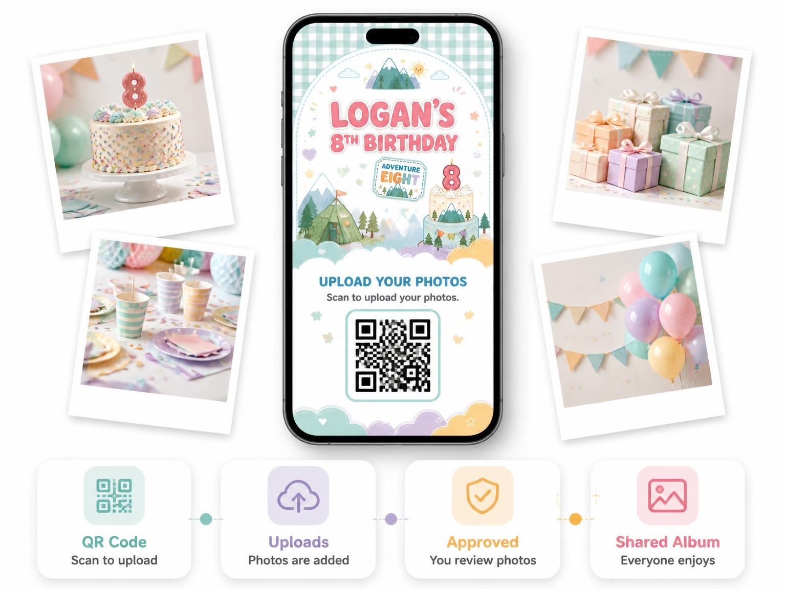 The shared photo gallery that comes with the Hiker Kawaii Pastel 8th Birthday Invitation invitation