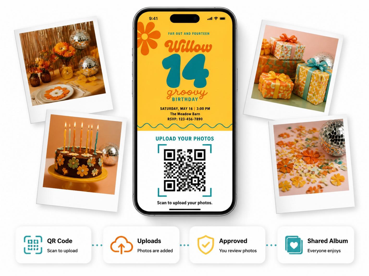 The shared photo gallery that comes with the Retro Daisy 14th Birthday Invitation invitation