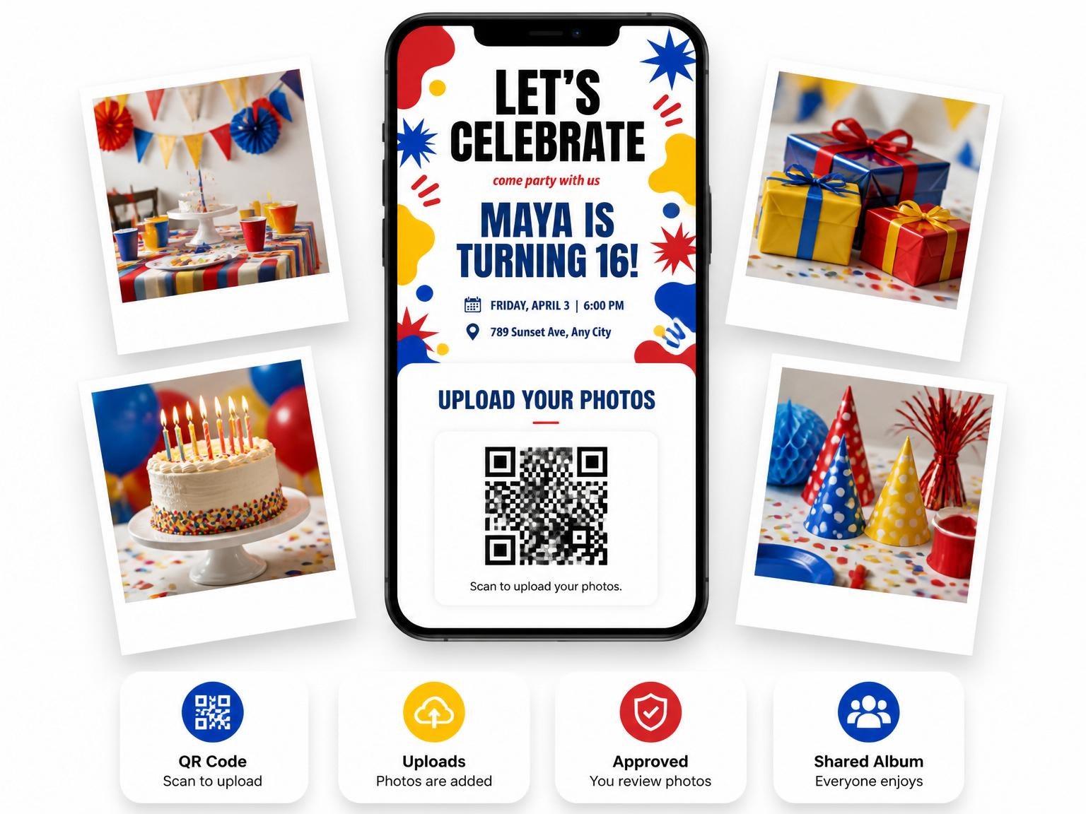 The shared photo gallery that comes with the Primary Color Abstract Birthday Invitation invitation