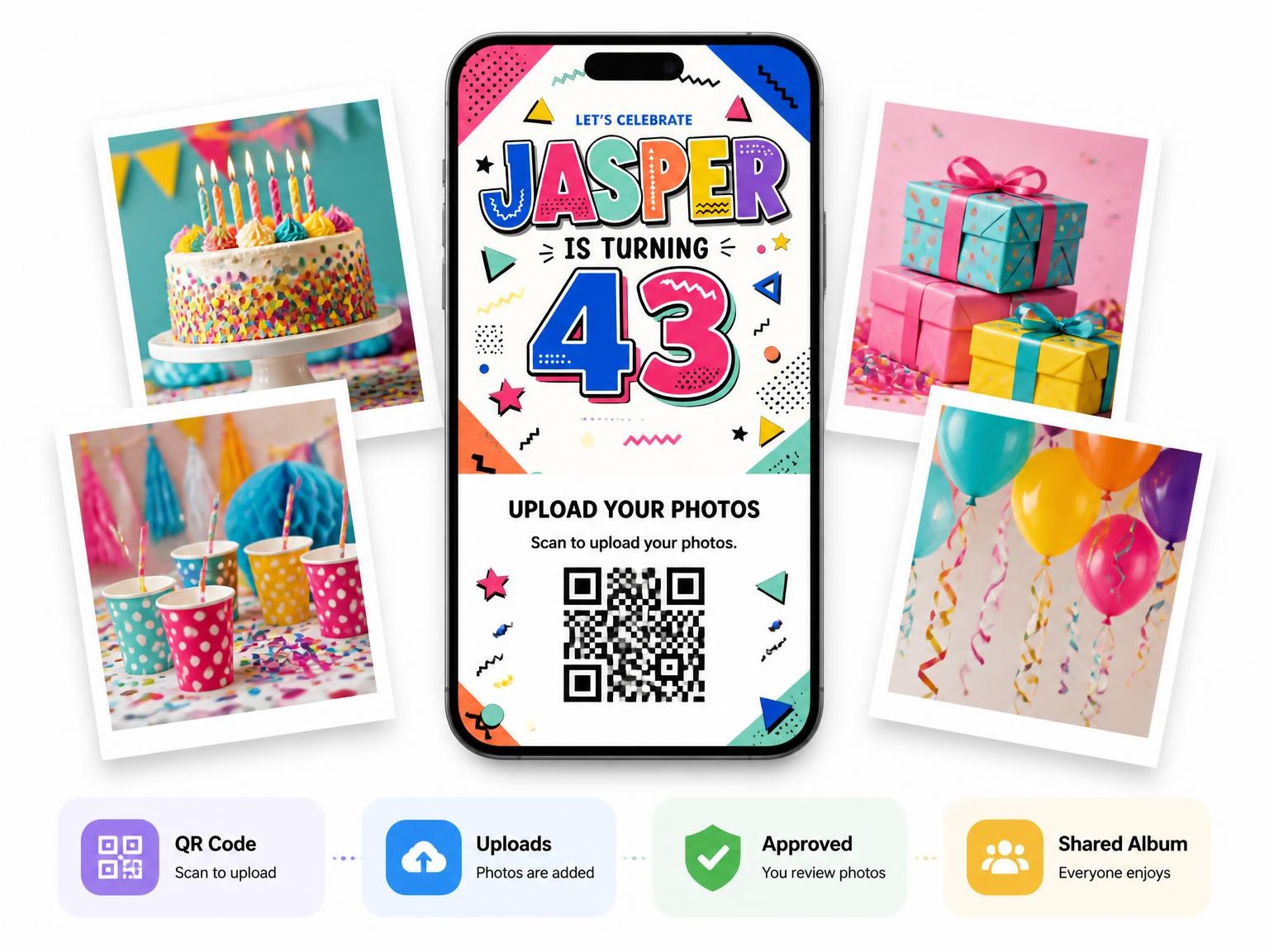 The shared photo gallery that comes with the Memphis Pop 43rd Birthday Invitation invitation