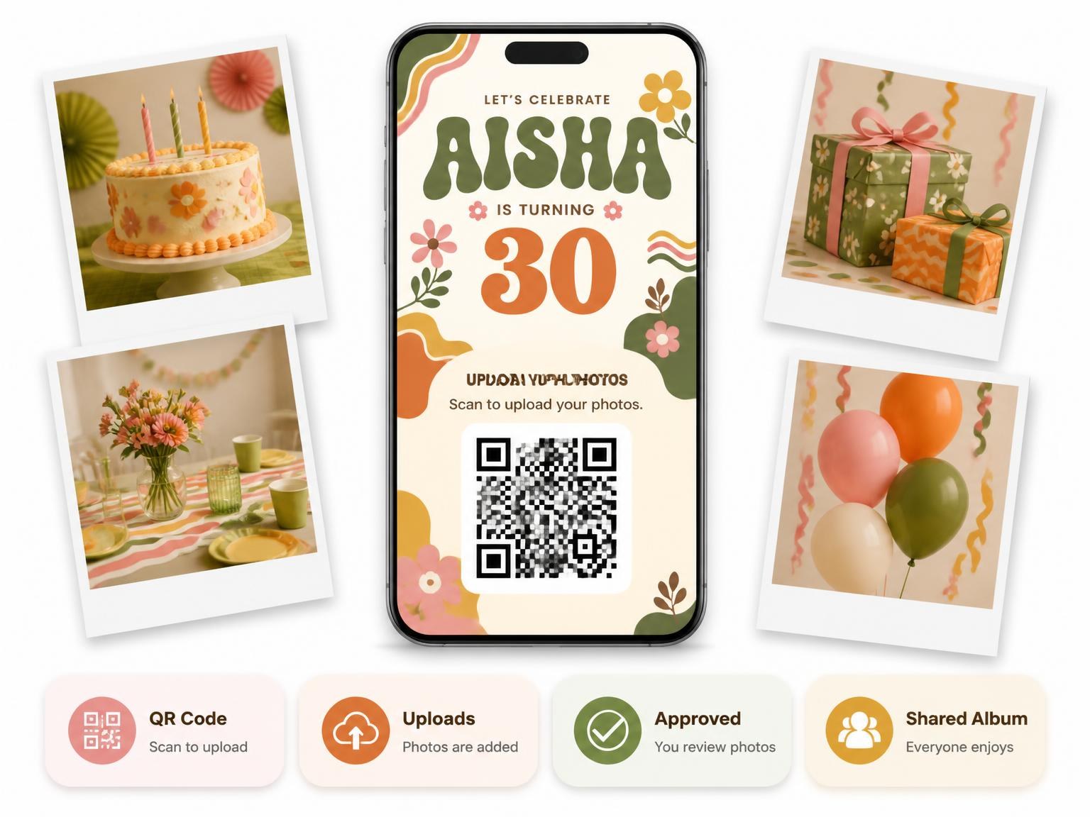 The shared photo gallery that comes with the Groovy Retro 30th Birthday Invitation invitation