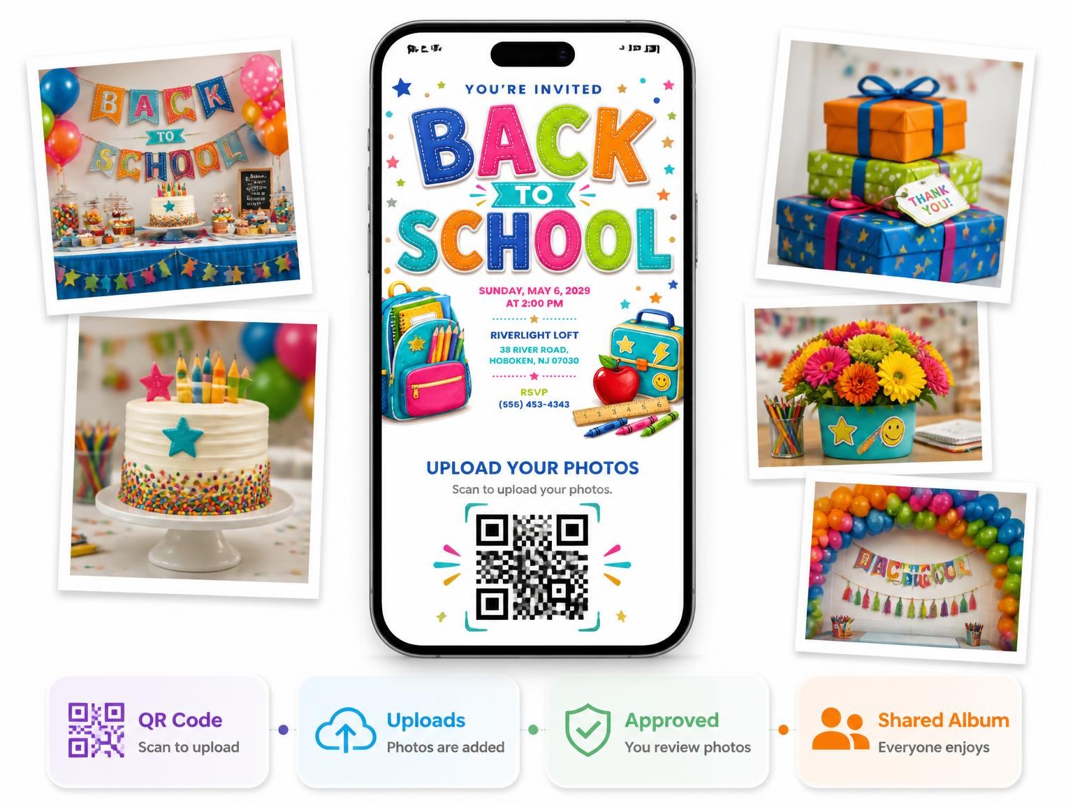 The shared photo gallery that comes with the Filled Backpack Back to School Invitation invitation