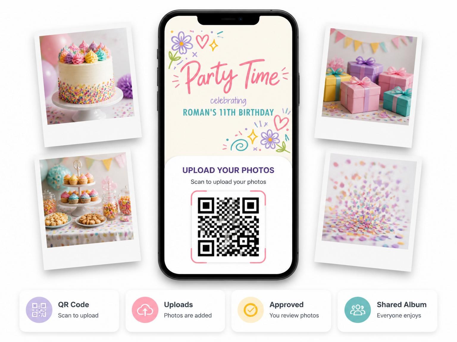 The shared photo gallery that comes with the Cream Doodle Pastel 11th Birthday Invitation invitation