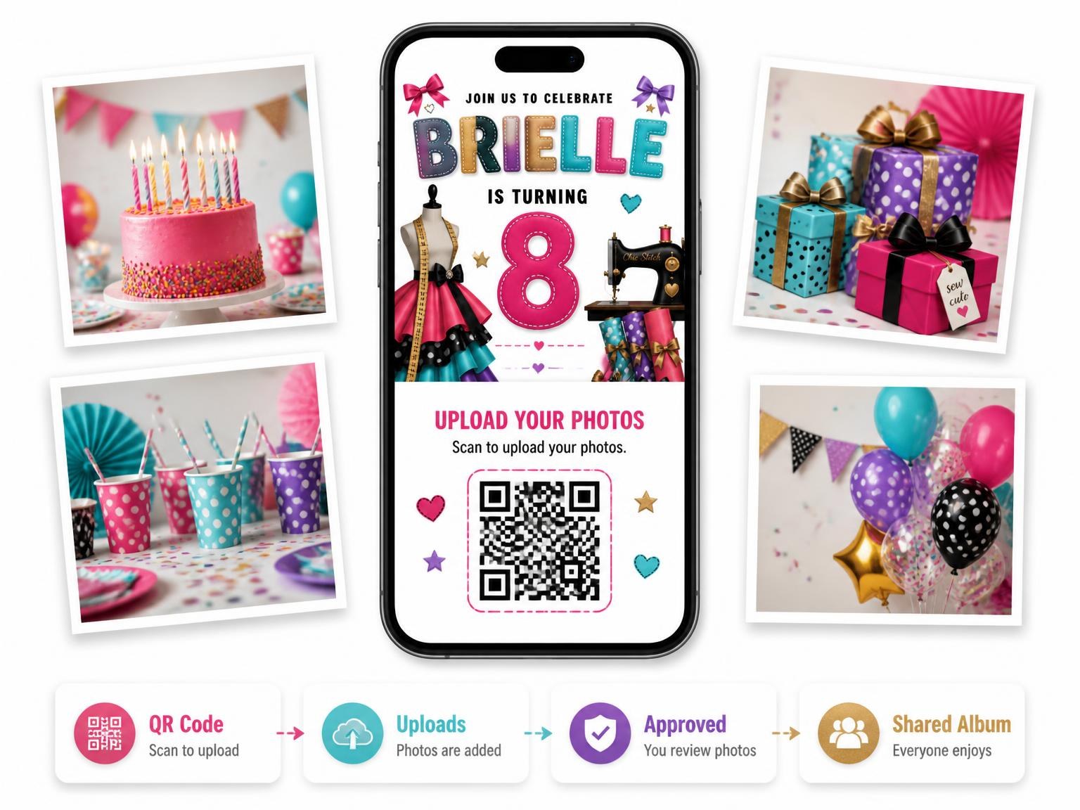 The shared photo gallery that comes with the Boutique Props Stitched 8th Birthday Invitation invitation