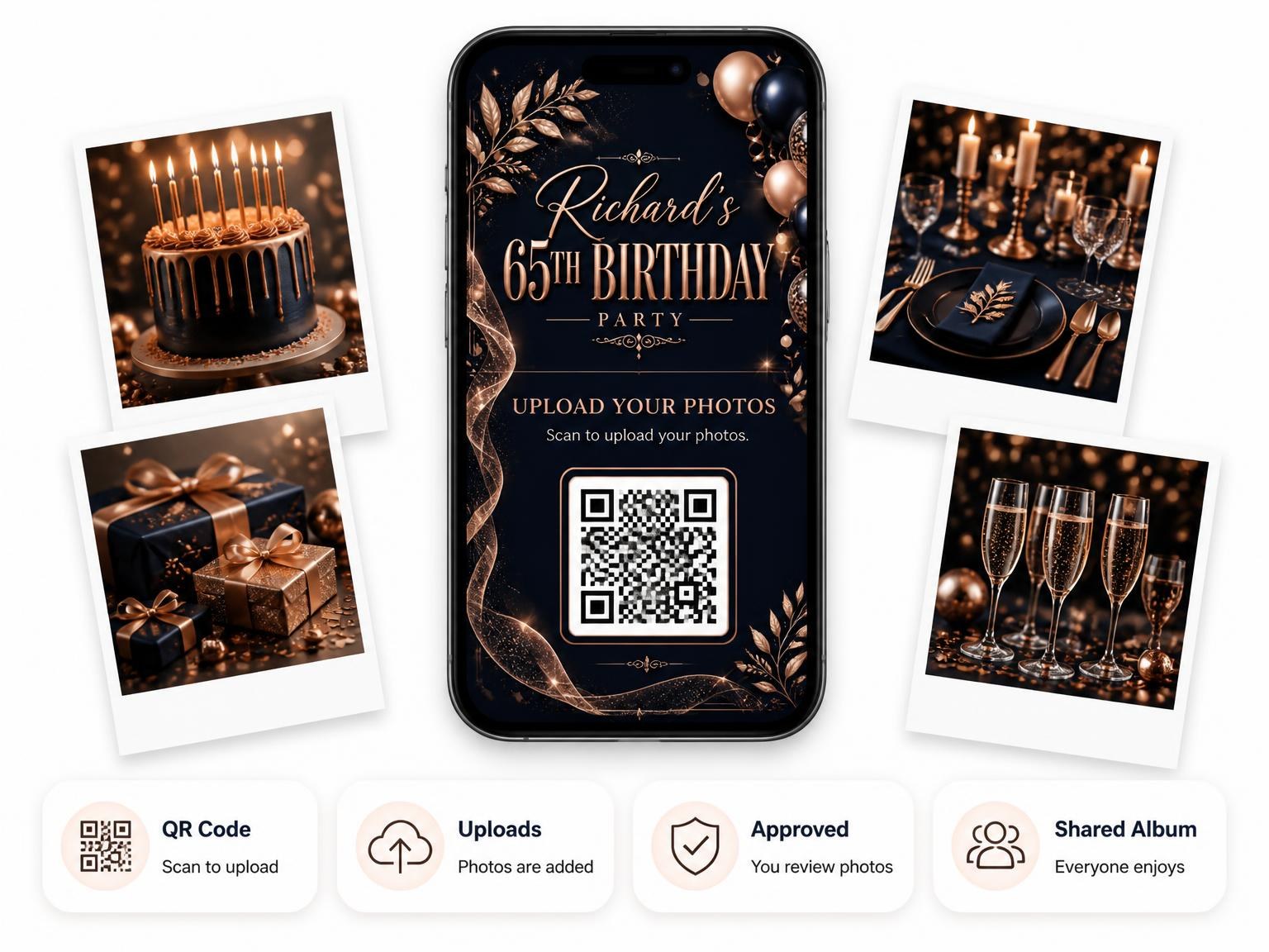 The shared photo gallery that comes with the Navy and Rose Gold 65th Birthday Invitation invitation