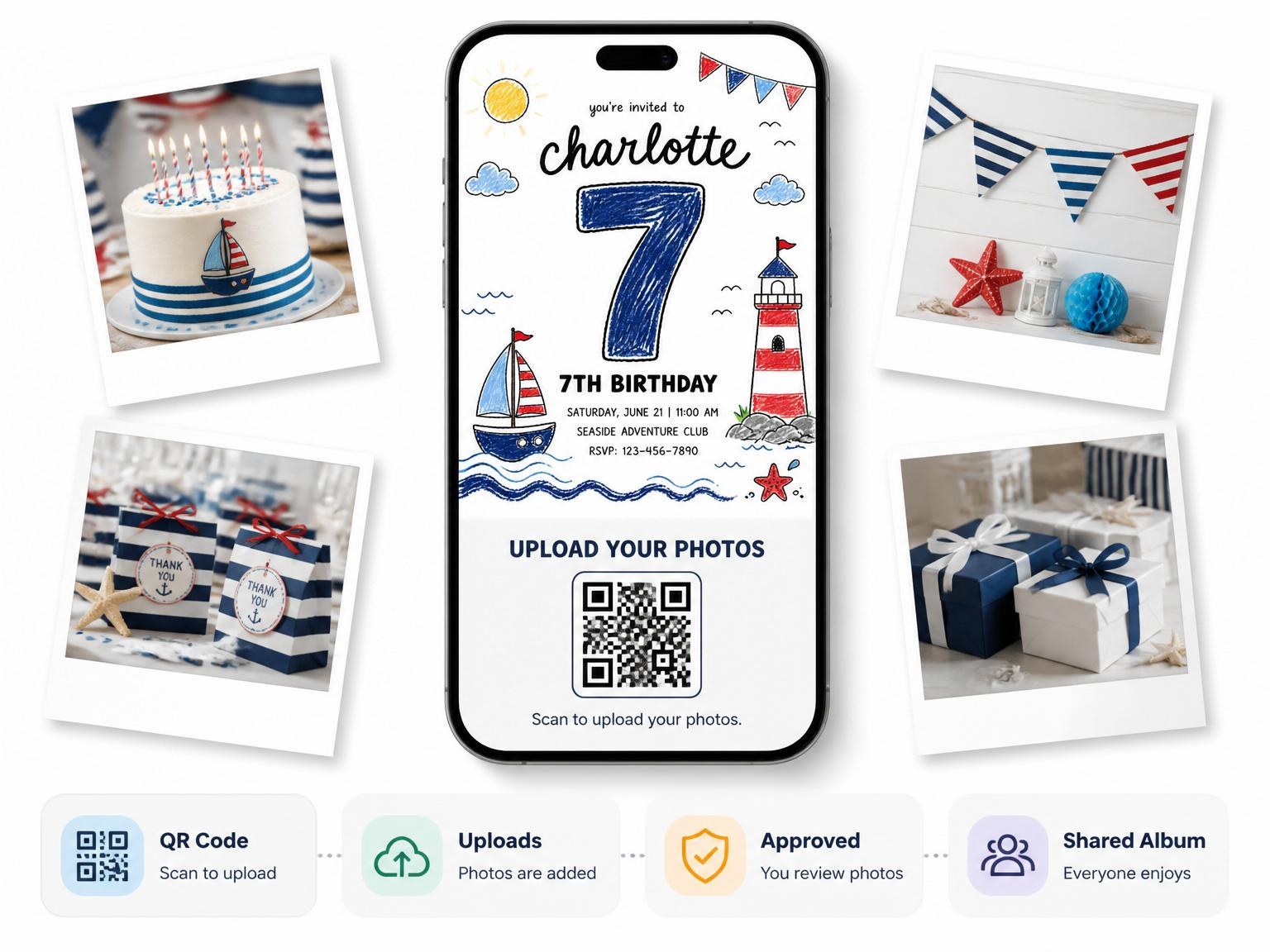 The shared photo gallery that comes with the Crayon Nautical Motif 7th Birthday invitation