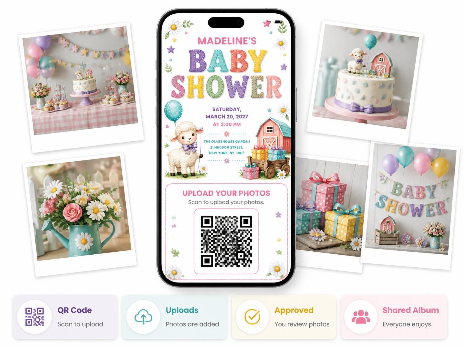 The shared photo gallery that comes with the Barn Wagon Baby Shower Invitation invitation