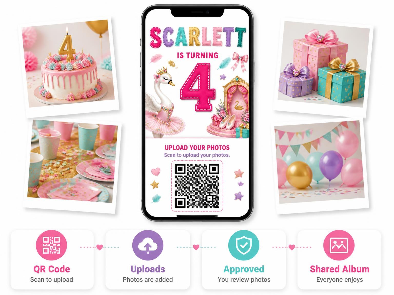 The shared photo gallery that comes with the Golden Stage Stitched 4th Birthday Invitation invitation