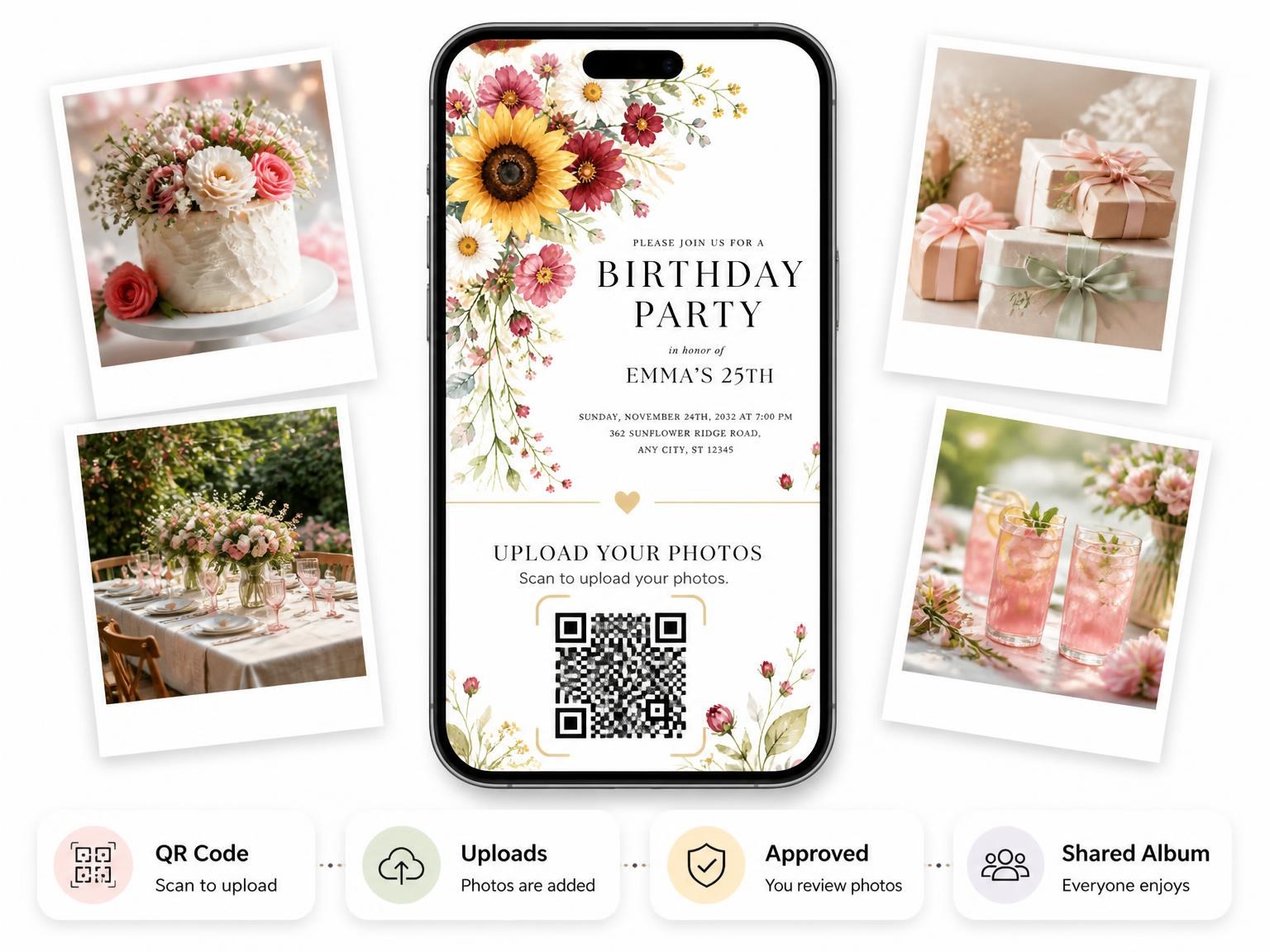 The shared photo gallery that comes with the Floral Bouquet Scarlet 25th Birthday Invitation invitation
