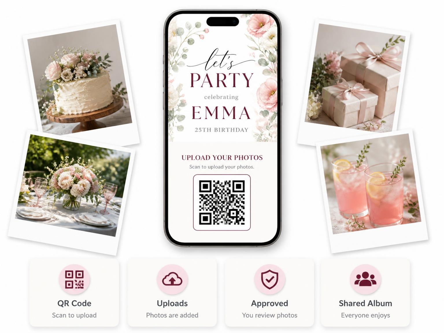 The shared photo gallery that comes with the Floral Bouquet Blush 25th Birthday Invitation invitation
