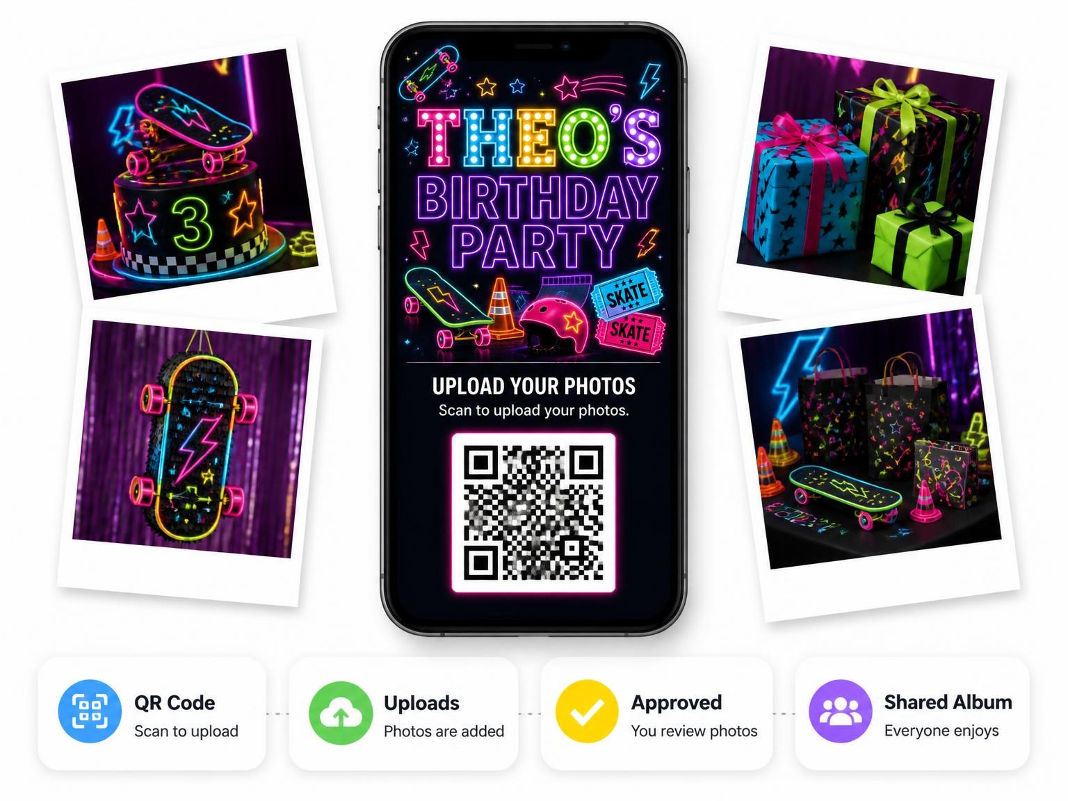The shared photo gallery that comes with the Neon Skateboard 3rd Birthday Invitation invitation