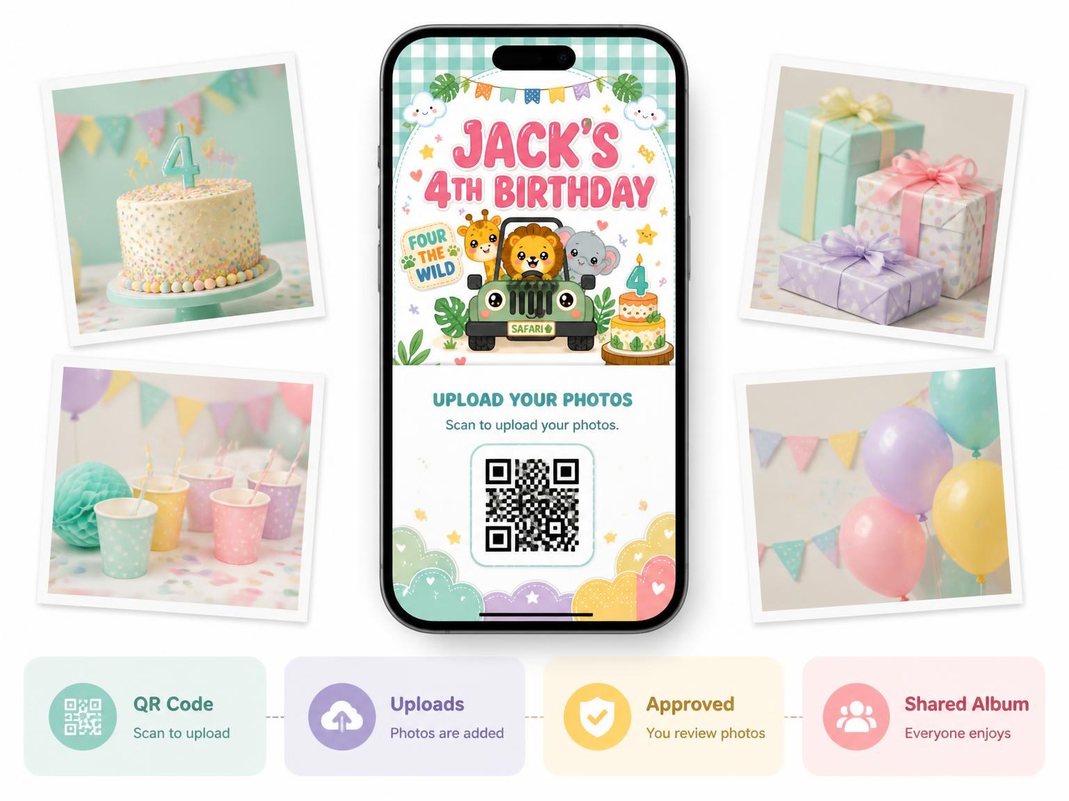 The shared photo gallery that comes with the Kawaii Safari Jeep 4th Birthday Invitation invitation