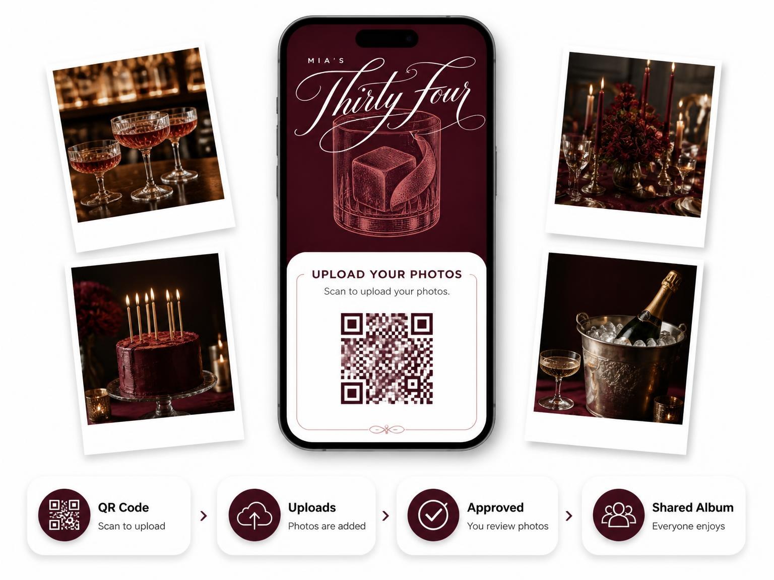The shared photo gallery that comes with the Burgundy Cocktail 34th Birthday Invitation invitation