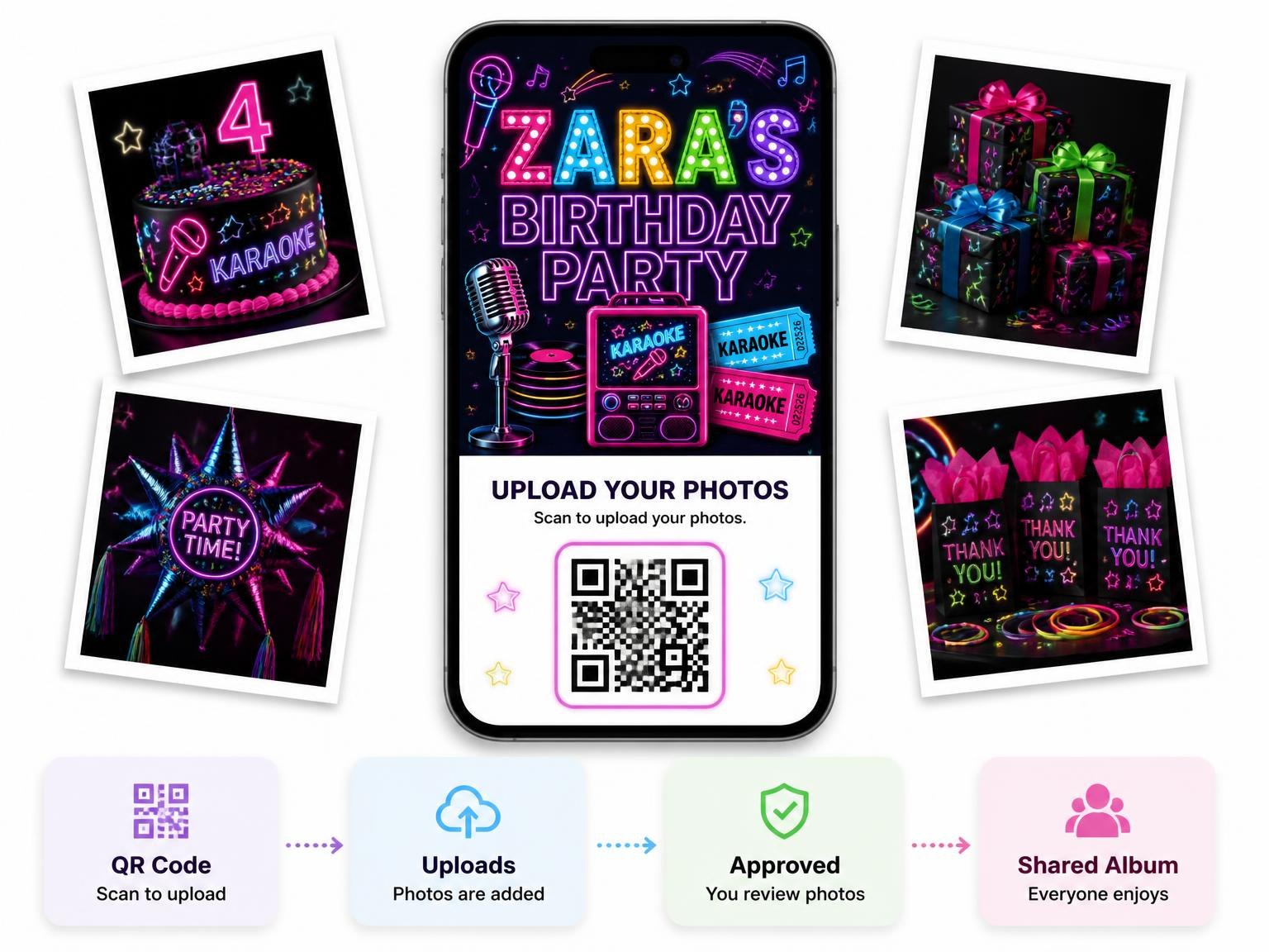 The shared photo gallery that comes with the Neon Karaoke 4th Birthday Invitation invitation