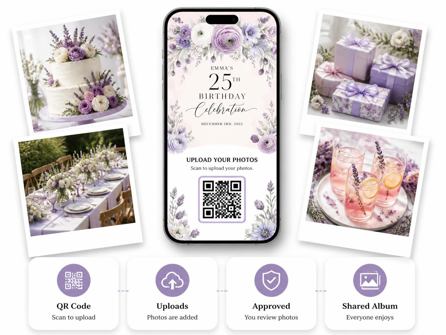 The shared photo gallery that comes with the Floral Garden Lavender 25th Birthday Invitation invitation