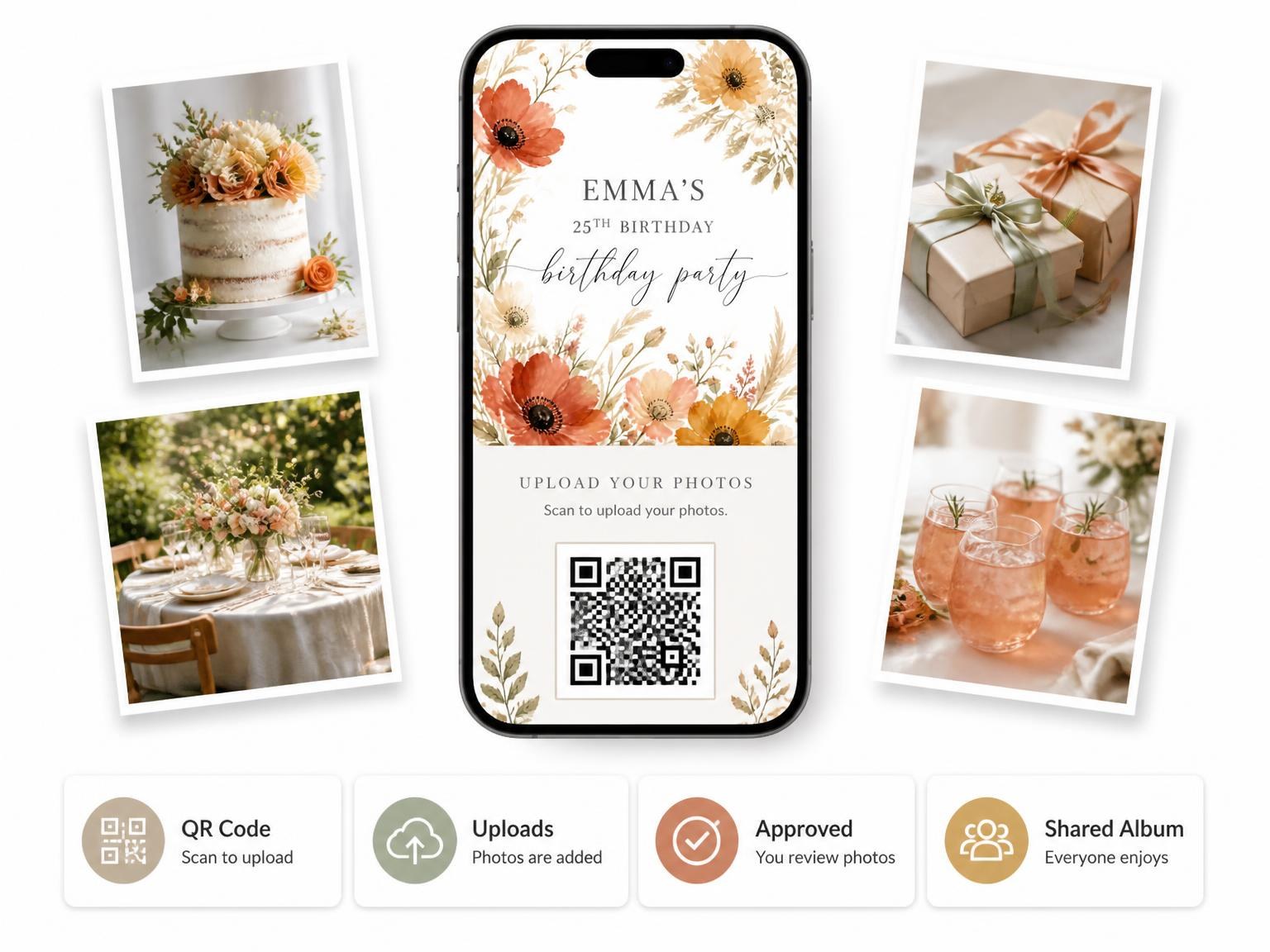 The shared photo gallery that comes with the Terracotta Meadow Florals 25th Birthday Invitation invitation