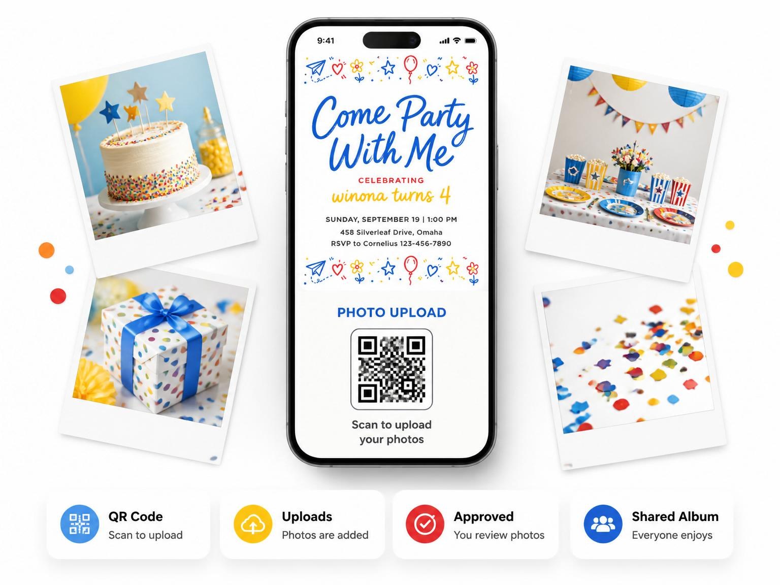 The shared photo gallery that comes with the Primary Doodle Border 4th Birthday Invitation invitation