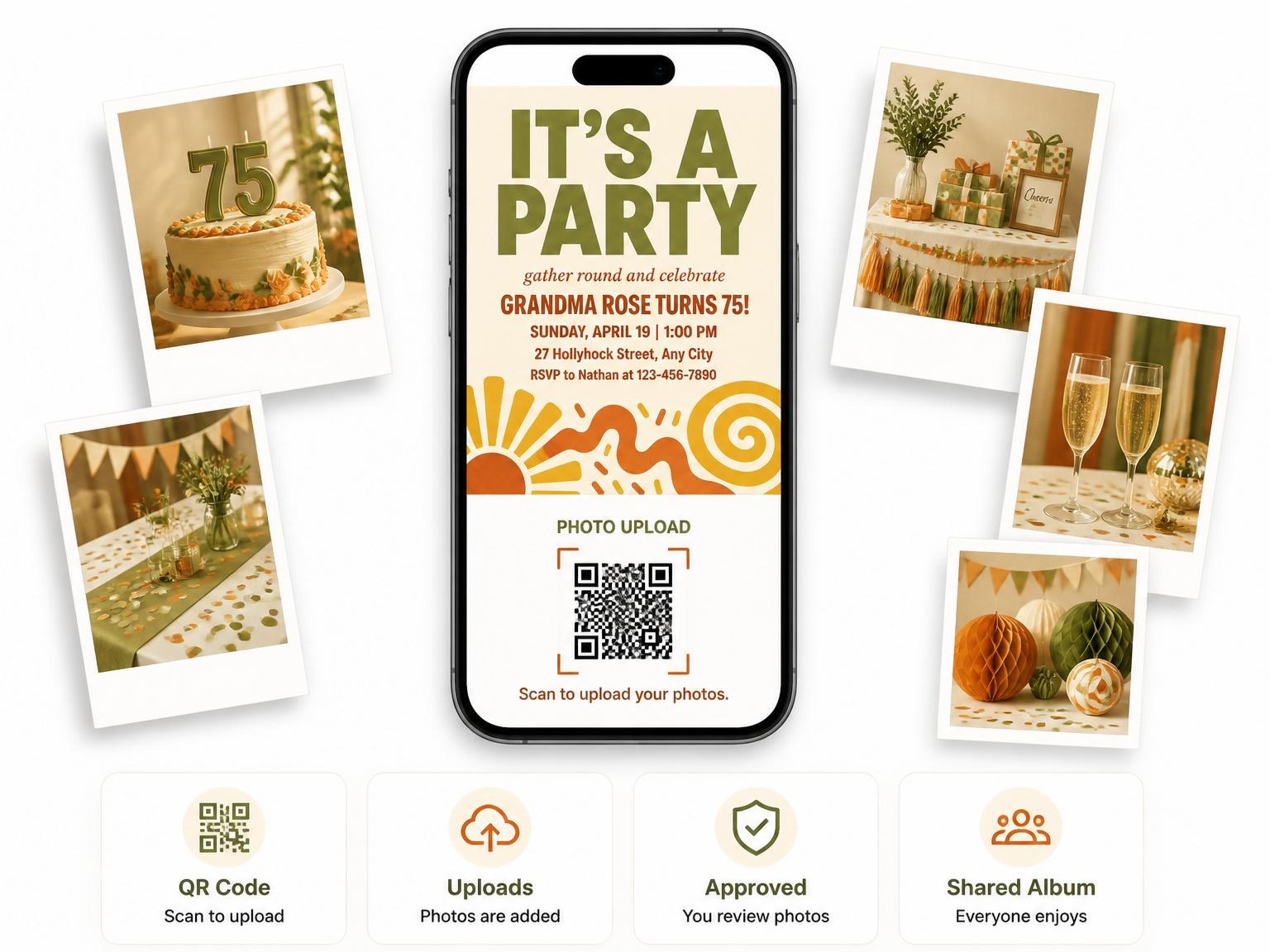 The shared photo gallery that comes with the Retro Sun Geometric 75th Birthday invitation