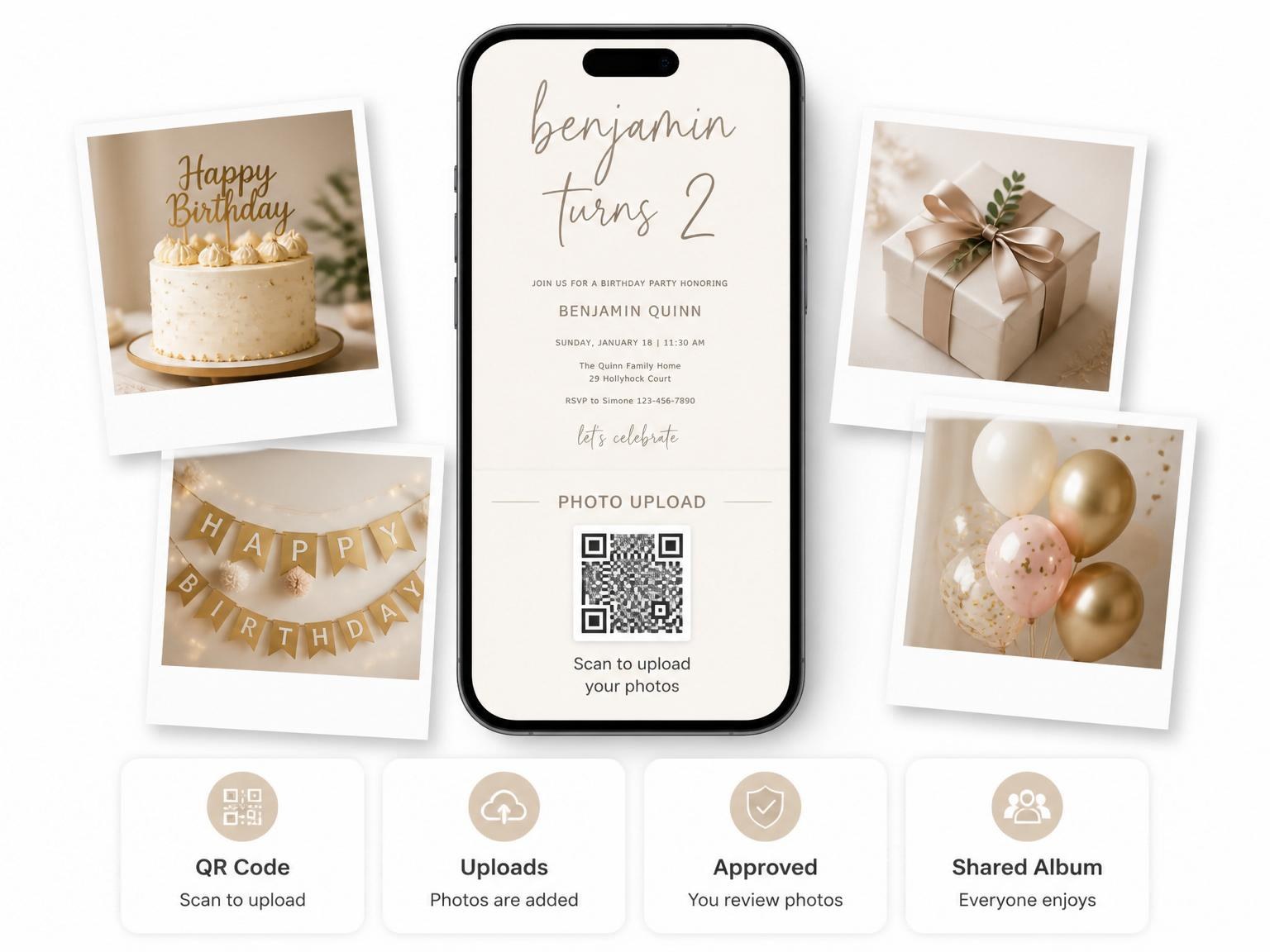 The shared photo gallery that comes with the Cream Brown Script 2nd Birthday Invitation invitation
