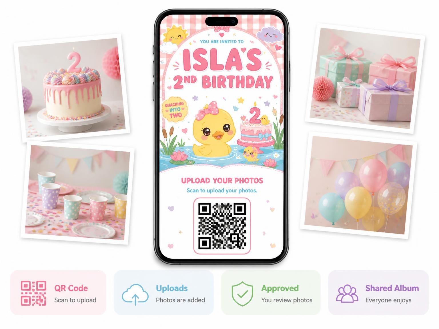 The shared photo gallery that comes with the Baby Duckling Kawaii 2nd Birthday Invitation invitation