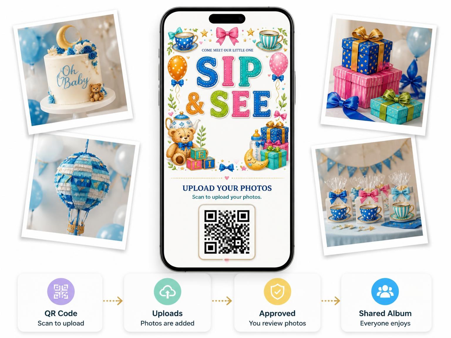 The shared photo gallery that comes with the Polka Sip & See Invitation invitation
