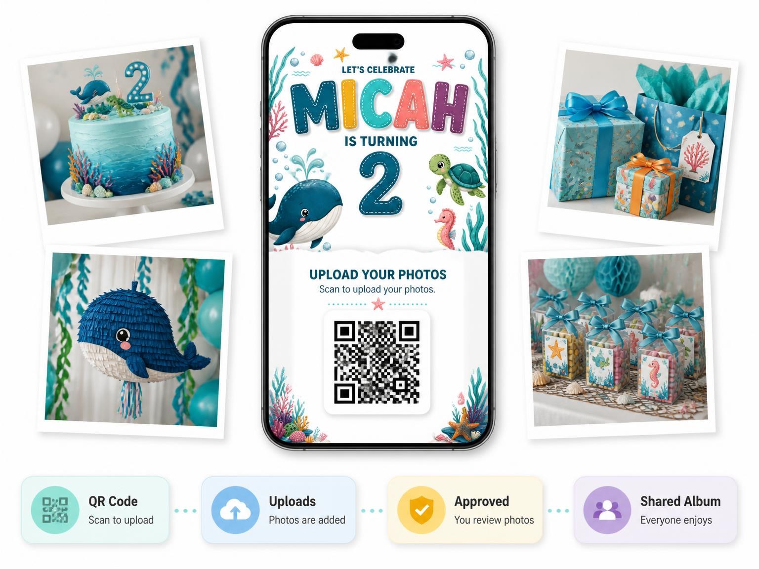The shared photo gallery that comes with the Stitched Under the Sea 2nd Birthday Invitation invitation