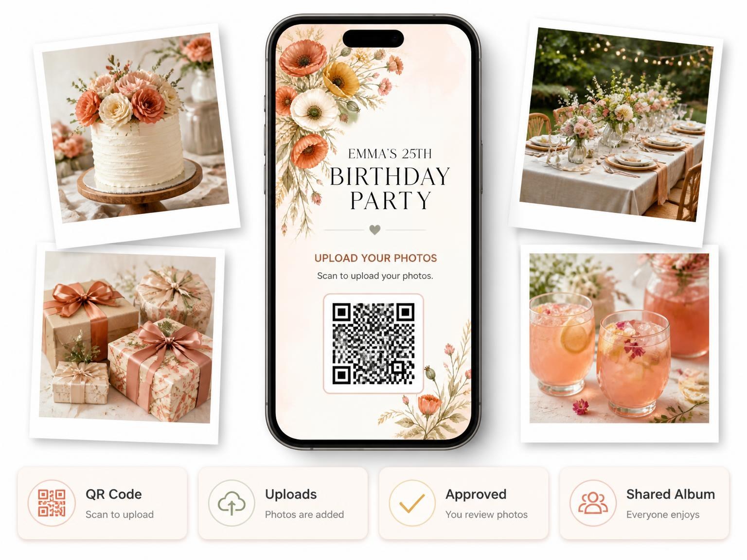 The shared photo gallery that comes with the Terracotta Wildflower Sprig 25th Birthday Invitation invitation