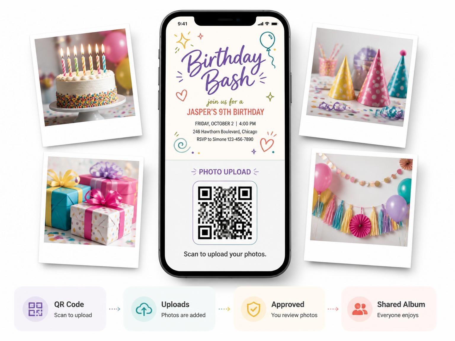 The shared photo gallery that comes with the Colorful Doodle Motif 9th Birthday invitation