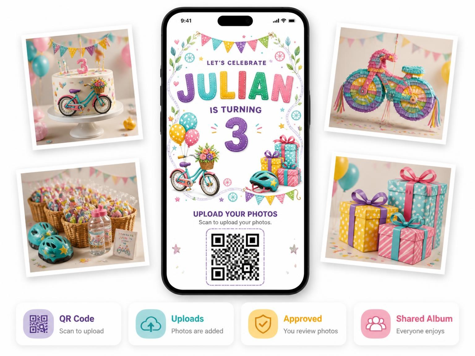 The shared photo gallery that comes with the Stitched Bike Ride 3rd Birthday Invitation invitation