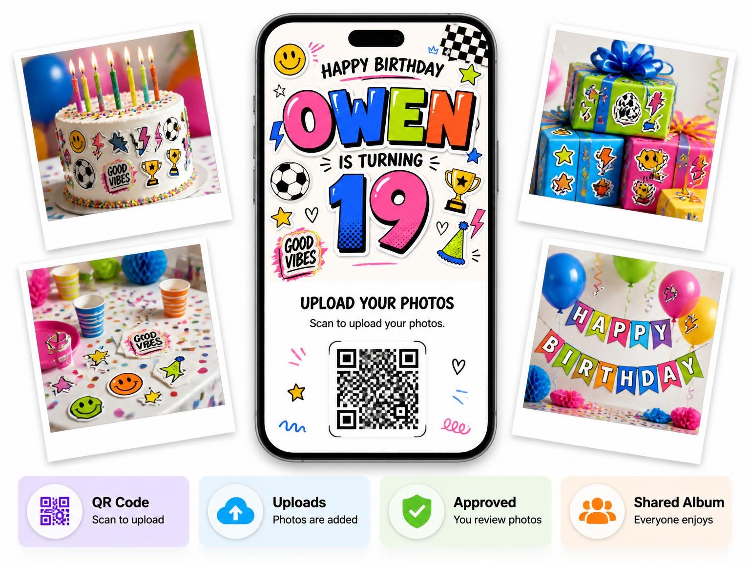 The shared photo gallery that comes with the Sticker Pop 19th Birthday Invitation invitation