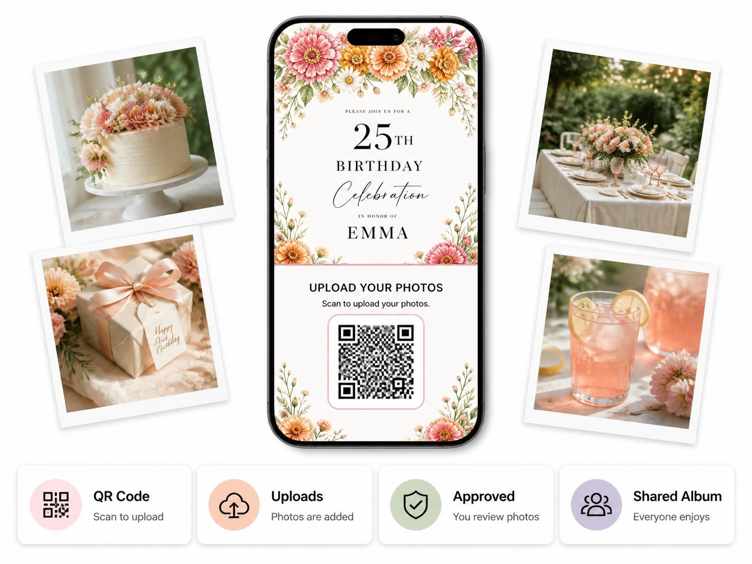 The shared photo gallery that comes with the Zinnias Blush 25th Birthday Invitation invitation