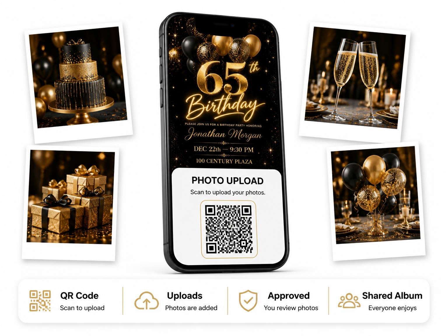 The shared photo gallery that comes with the Black and Gold Balloon 65th Birthday invitation