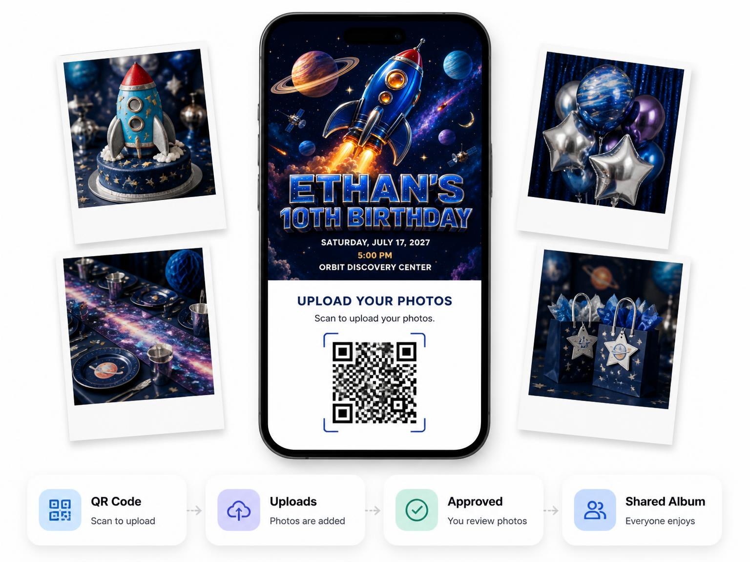The shared photo gallery that comes with the 3D Rocket Ship Space 10th Birthday invitation