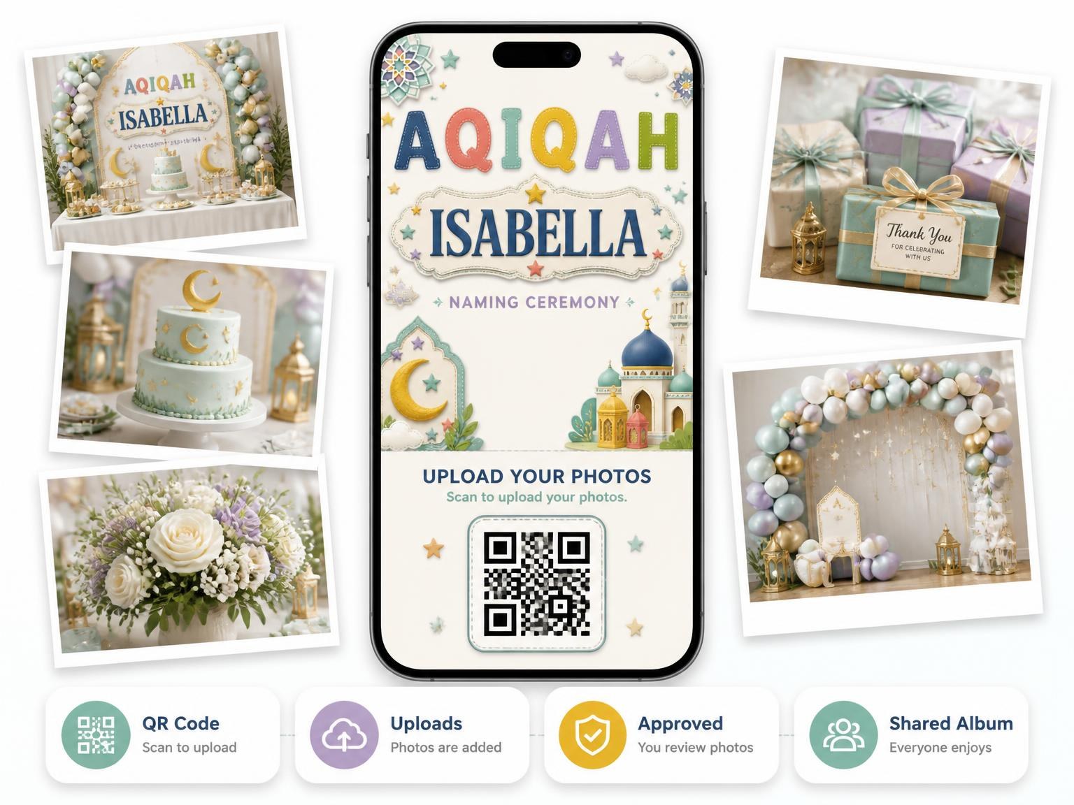 The shared photo gallery that comes with the Mosque Lanterns Aqiqah Invitation invitation