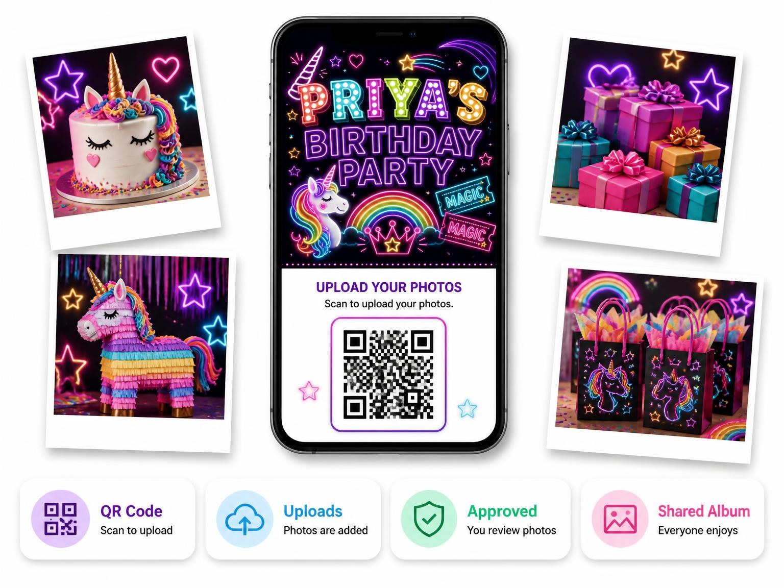 The shared photo gallery that comes with the Neon Unicorn 5th Birthday Invitation invitation