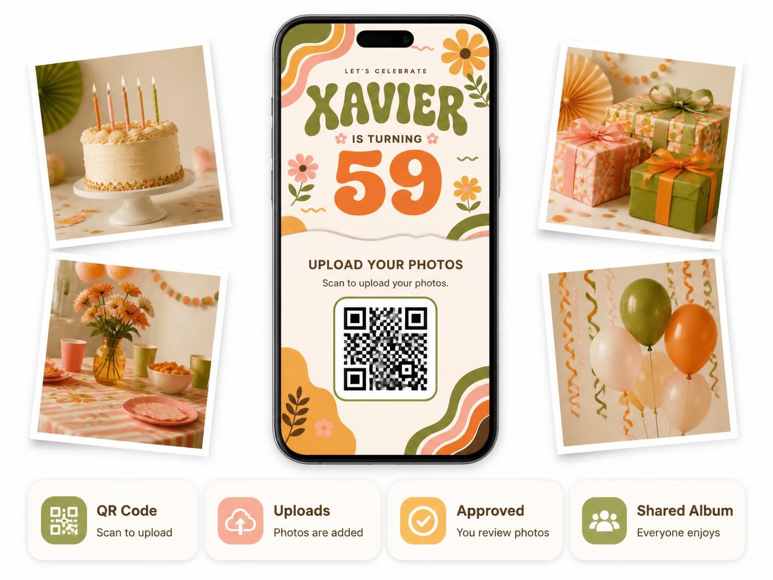 The shared photo gallery that comes with the Groovy Retro 59th Birthday Invitation invitation