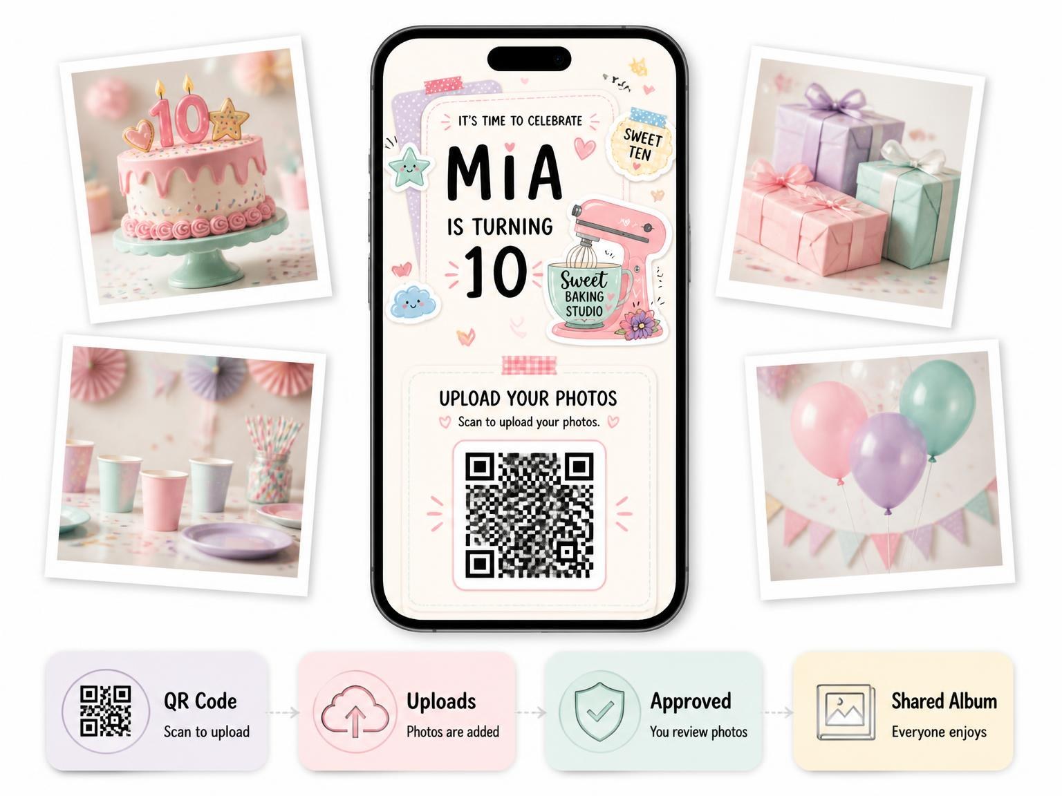 The shared photo gallery that comes with the Stand Mixer Pastel 10th Birthday Invitation invitation