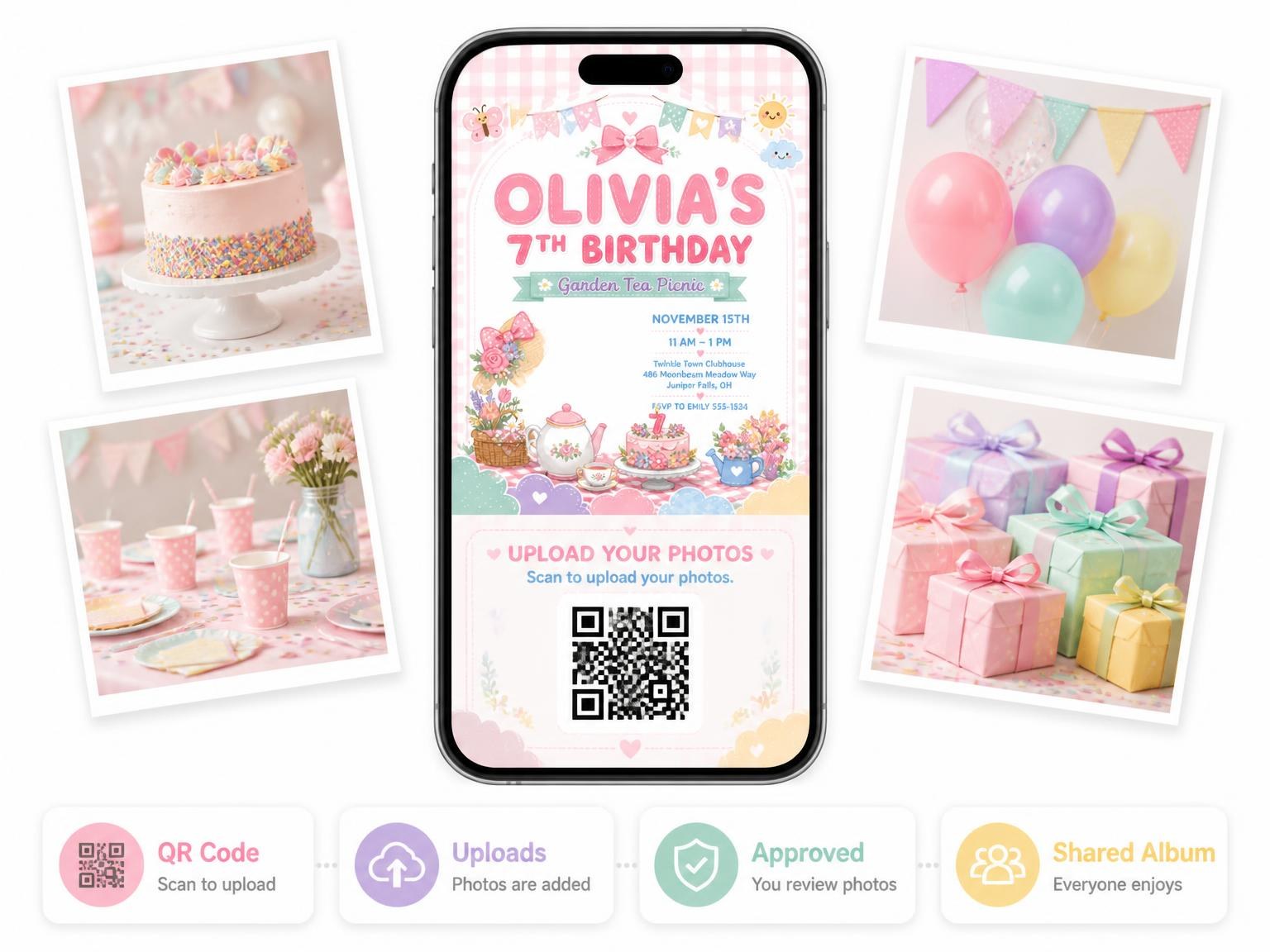The shared photo gallery that comes with the Garden Tea Party 7th Birthday Invitation invitation