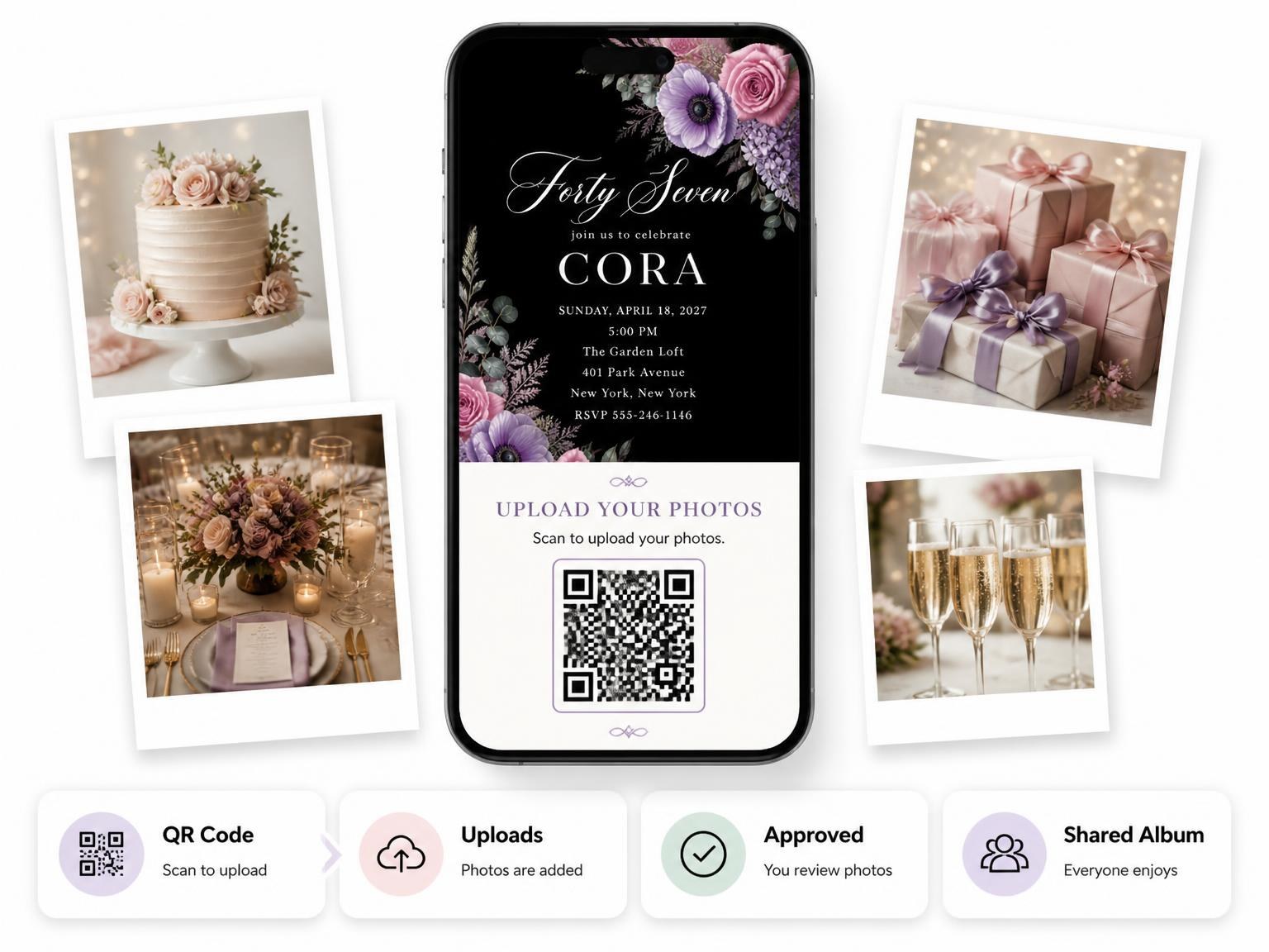 The shared photo gallery that comes with the Black Floral 47th Birthday Invitation invitation