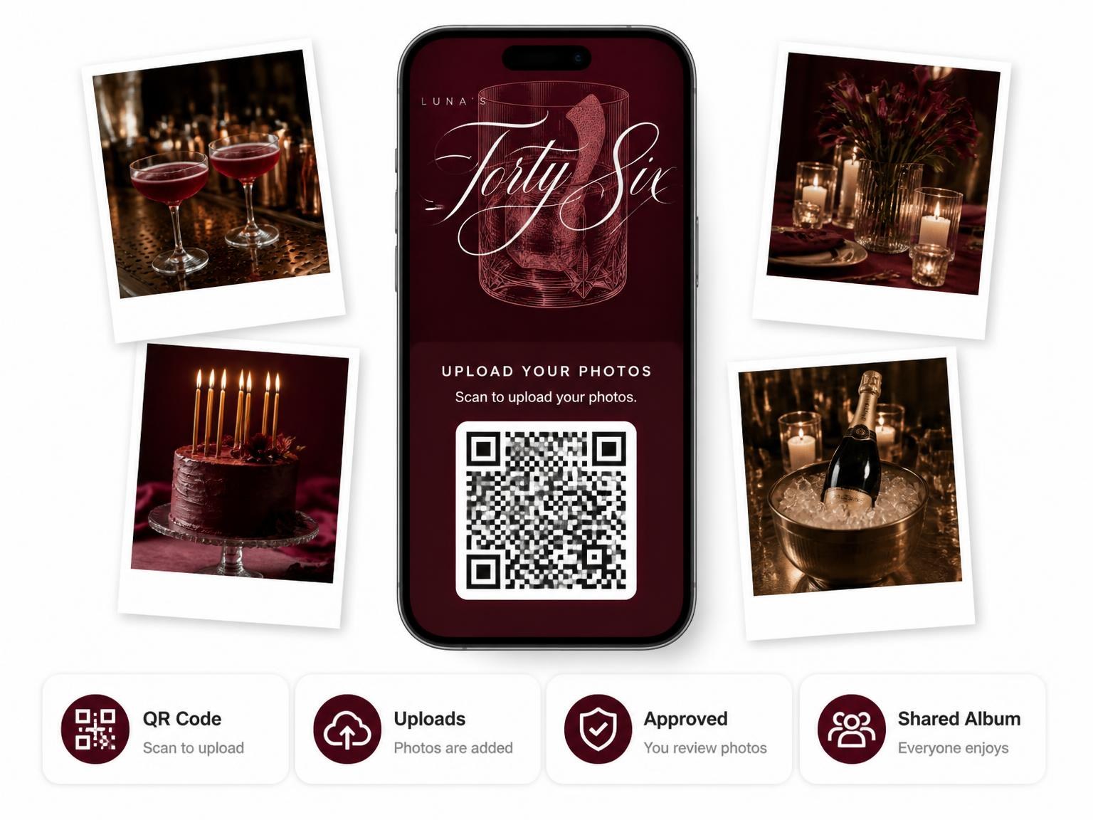 The shared photo gallery that comes with the Burgundy Cocktail 46th Birthday Invitation invitation