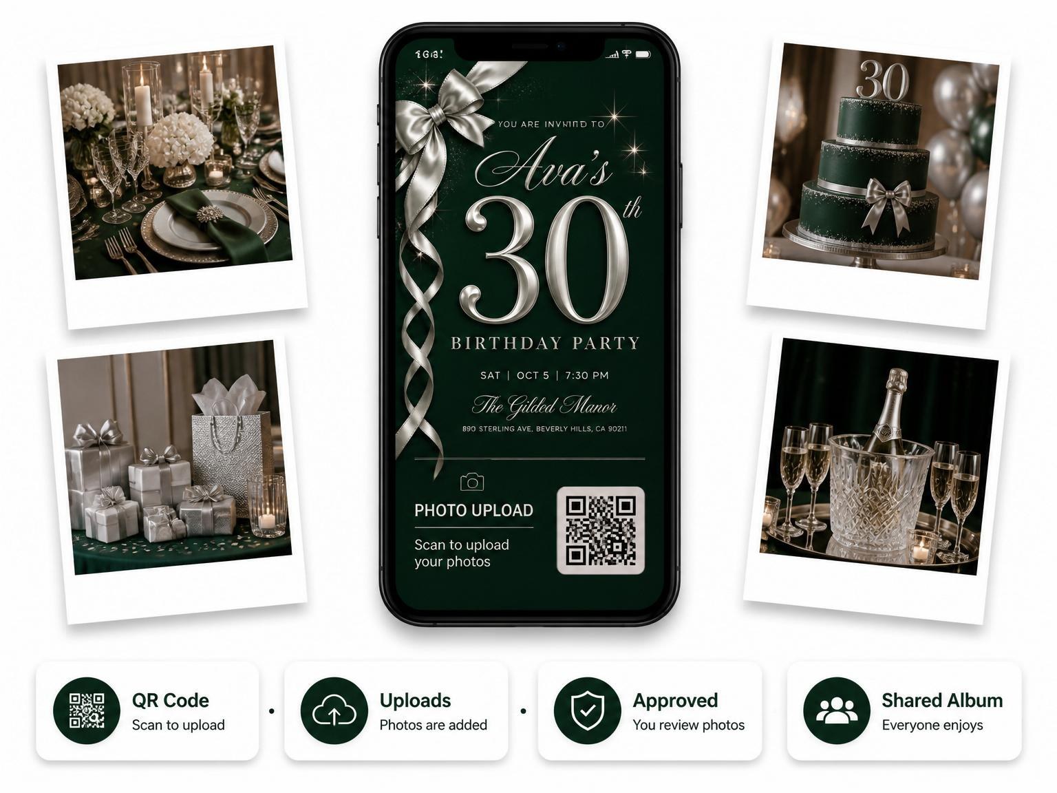 The shared photo gallery that comes with the Silver Ribbon Forest Green 30th Birthday invitation