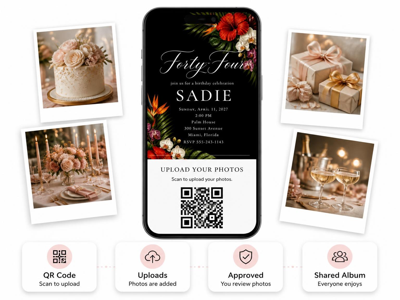 The shared photo gallery that comes with the Black Floral 44th Birthday Invitation invitation