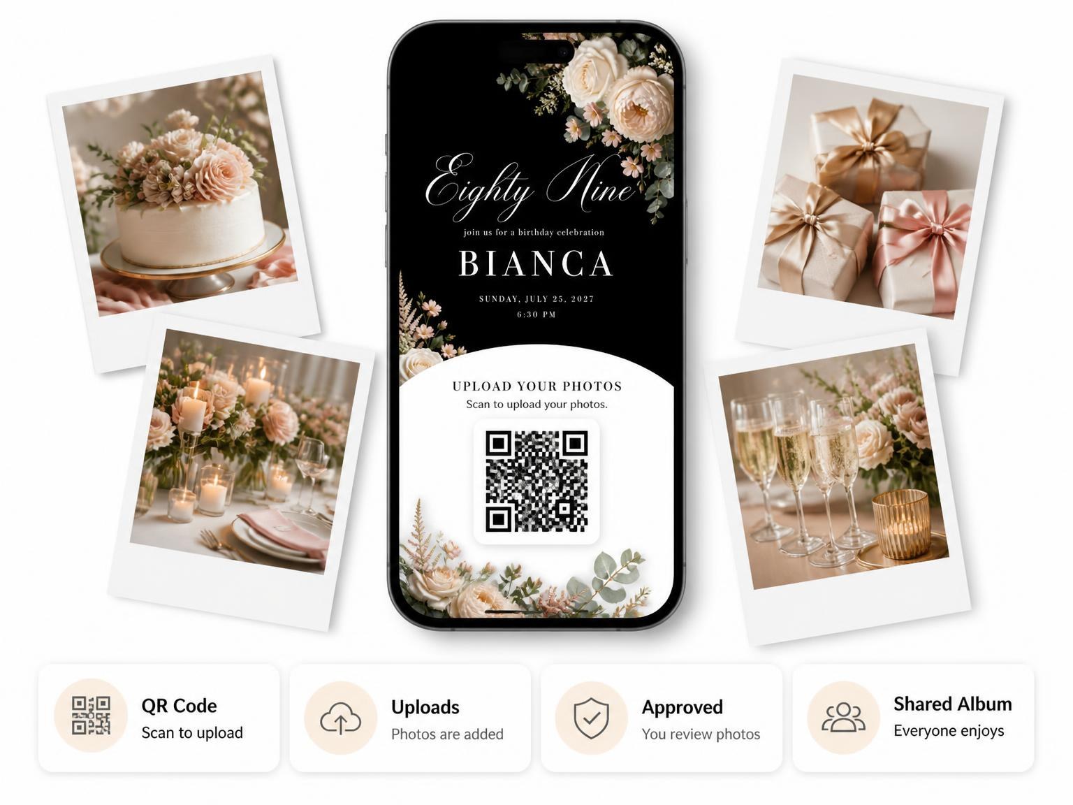 The shared photo gallery that comes with the Black Floral 89th Birthday Invitation invitation