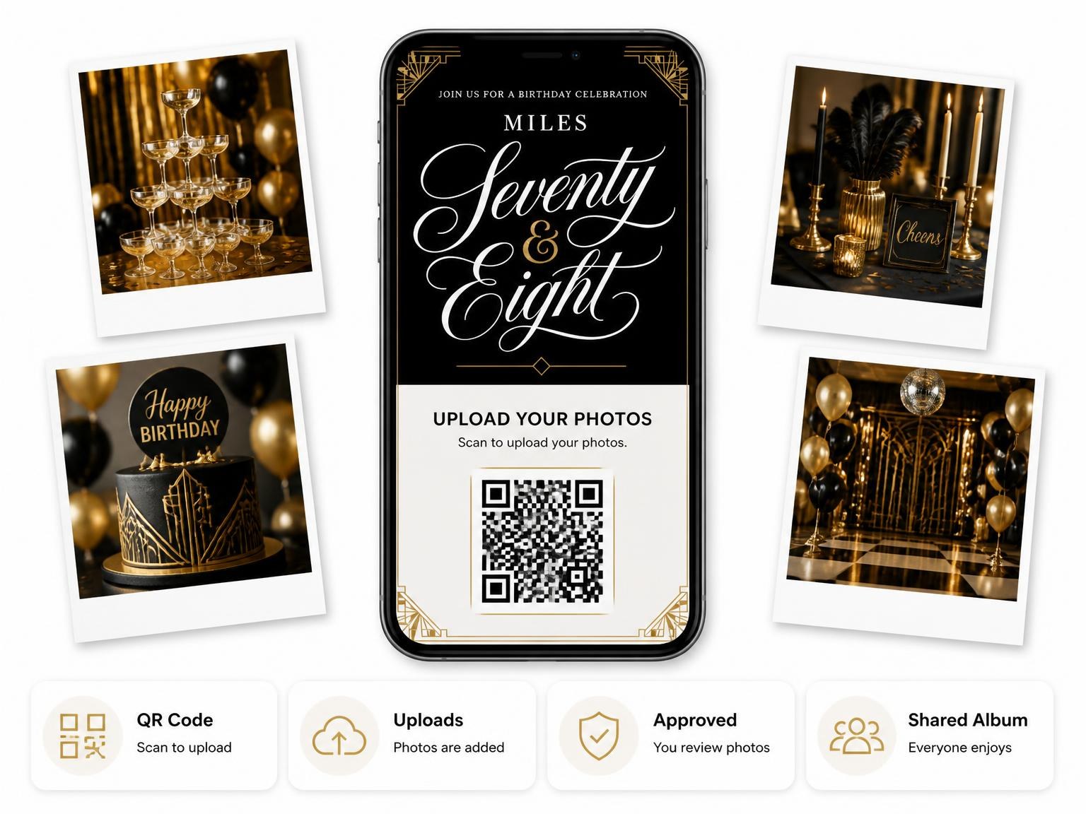 The shared photo gallery that comes with the Art Deco 78th Birthday Invitation invitation