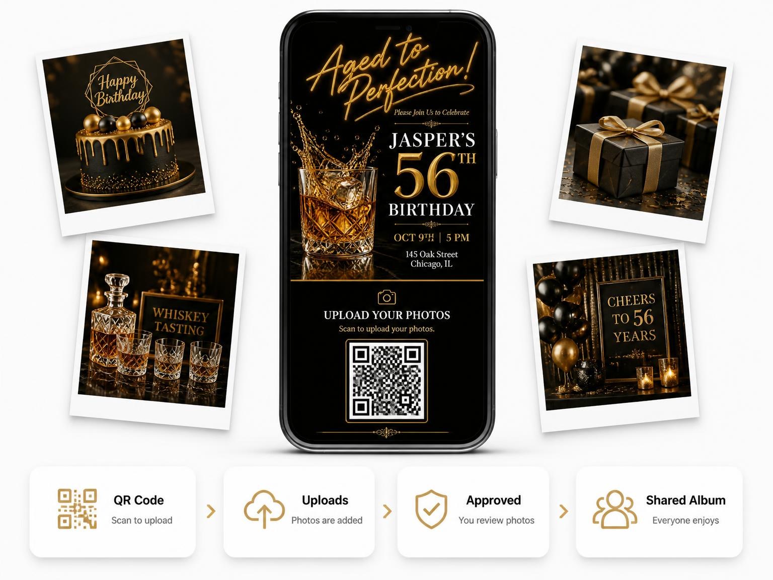 The shared photo gallery that comes with the Whiskey Tumbler 56th Birthday Invitation invitation